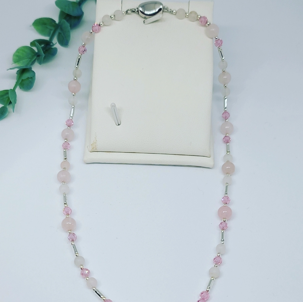 Rose Quartz, Czech glass choker 925 silver clasp